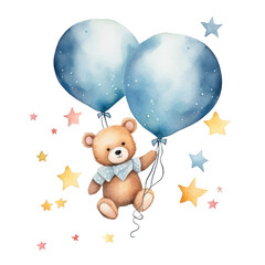 Cute teddy-bear and blue balloons, watercolor illustration, png