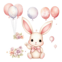 Obraz premium Cute rabbit with balloons and flowers, watercolor illustration, png