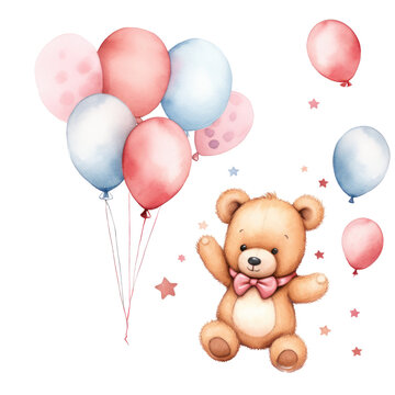 Cute teddy-bear, pink and blue balloons, watercolor illustration, png