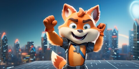 smart fox character pointing towards solar panels with an enthusiastic gesture