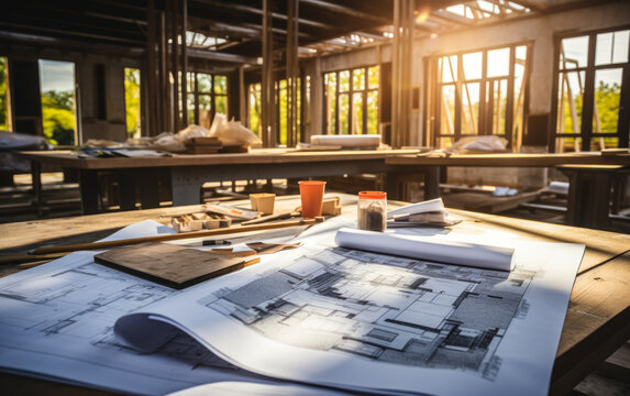 Architectural blueprints on a table with sunlight streaming through windows in a home under renovation with visible kitchen