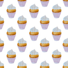 pattern cupcake illustration hand drawn in watercolors, cake with cream.