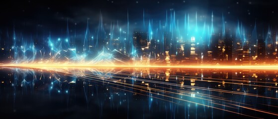 Internet global network abstract background with gold and blue glowing neon moving high speed line and wave, Generative AI