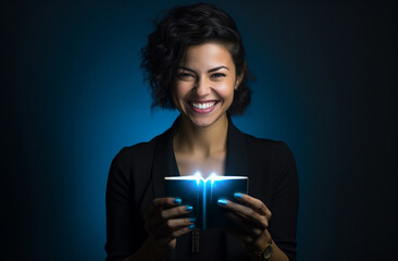 a digital painting where an Asian girl, holding a book, reveals a magical glow from within. The enchanting blue theme adds a touch of wonder to this captivating illustration. Generative AI.