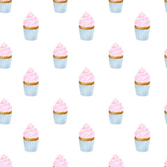 pattern cupcake illustration hand drawn in watercolors, cake with cream.