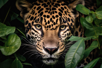 Close-up of a leopard's face in a tropical forest