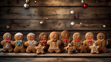 Professional photo of Many Cute Detailed Gingerbread Men all Holding hands on a Simple Wooden Table.