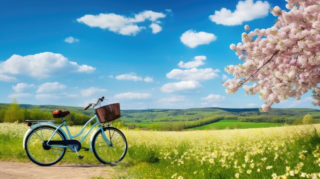 a clssic bicycle in beautiful spring summer natural landscape and a flowering meadow against a blue sky with clouds on a bright sunny day, Generative AI