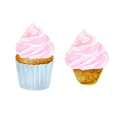 cupcake illustration hand drawn in watercolors, cake with cream.