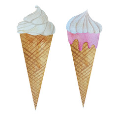 hand-drawn watercolor ice cream illustration, ice cream in a waffle cone, cake