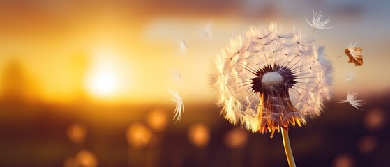Professional Macro of a Dandelion during Sunset surrounded by Flying Dandelions.