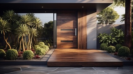Modern entrance with a simple wooden front door - obrazy, fototapety, plakaty