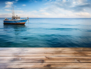 Obraz premium Empty rustic old wooden boards table copy space with calm lake or sea bay with boat in background. Fishing product display template. Generative AI