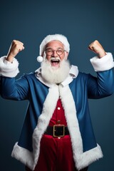 Enthusiastic Santa Claus cheering with arms up, on a solid blue studio background