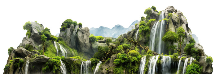 Cascading waterfalls in a lush green place, cut out - obrazy, fototapety, plakaty