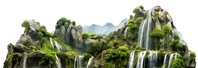 Cascading waterfalls in a lush green place, cut out
