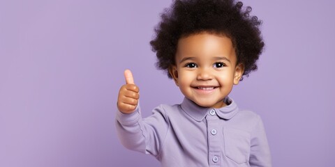 Joyful Afro-American toddler giving a thumbs up, on a soft lavender studio backdrop
