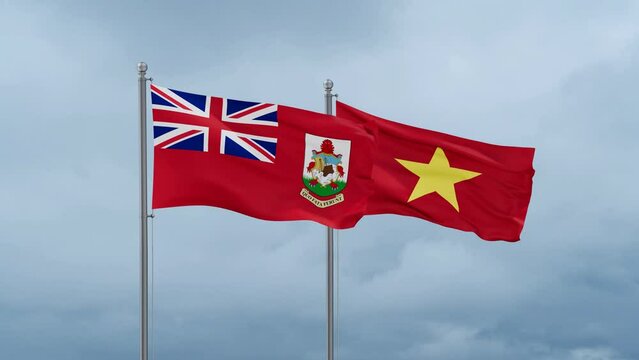 Vietnam and Bermuda flag waving together on cloudy sky, endless seamless loop