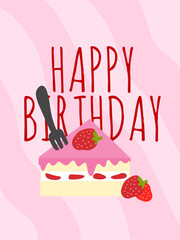 happy birthday card pink abstract with strawberry cake and fork illustration vector for birthday party, celebration. birthday greeting card