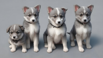 4 puppies with gray fur stand on the concrete floor, isolated background. Generative AI technology