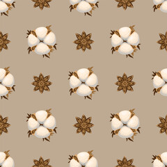 Seamless pattern with cotton bolls and star anise. Monochrome pattern in beige tones. Vector illustration.
