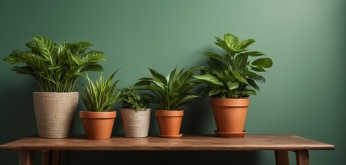 Potted plants on a wooden table against a green wall with copy space