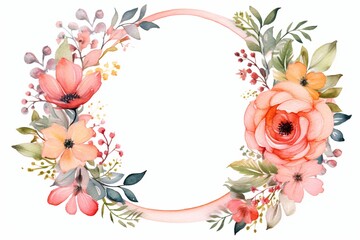This watercolor floral frame presents a symmetrical composition, with two wreaths made of multicolored flowers and leaves, set against a clean white backdrop. Created with generative AI tools