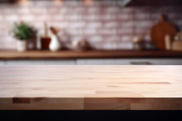 With a blurred kitchen setting in the background, a wooden tabletop serves as a versatile canvas for product display or design presentations. Created with generative AI tools