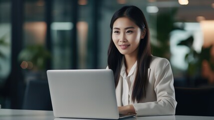 business woman working on a laptop in a professional office,  Stylish Beautiful Manager working on financial and marketing projects, Generative AI