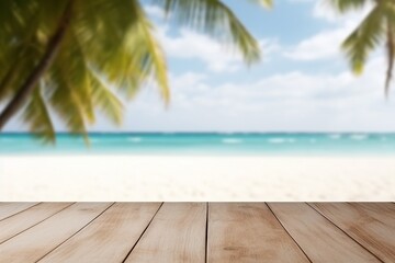 Fototapeta premium Set against the picturesque blur of tropical beach scene, including white sands, a lone palm tree, and the vast ocean, a light wooden table adds depth and contrast. Created with generative AI tools