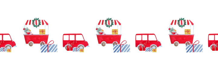 christmas illustration with car and gifts, hand drawn new year picture, santa claus transport.