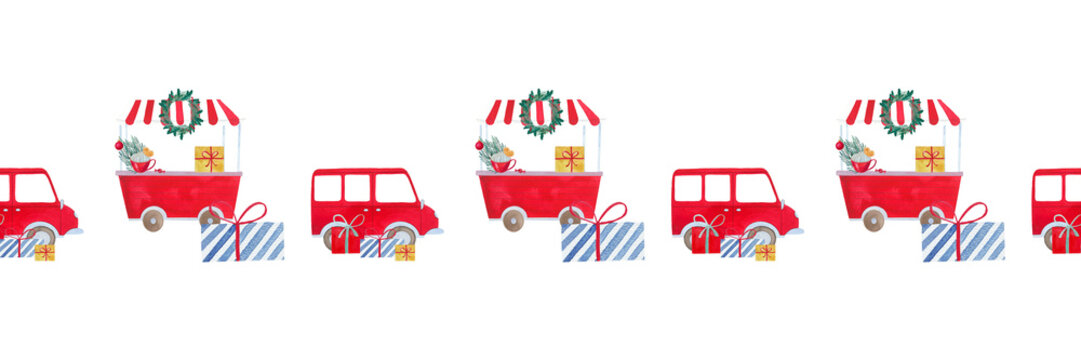christmas illustration with car and gifts, hand drawn new year picture, santa claus transport.