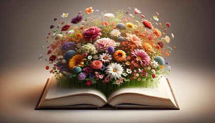 an open book from which flowers grow - obrazy, fototapety, plakaty