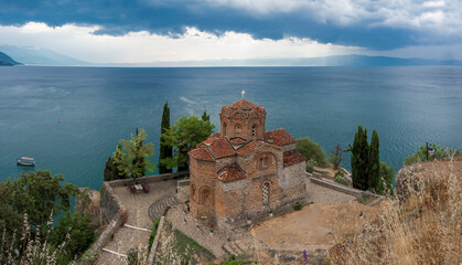 Amazing panorama of Ohrid lake and the Church of Saint John the Theologist.