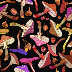Mushrooms seamless pattern. Autumn forest, fabric design. Hand drawn art