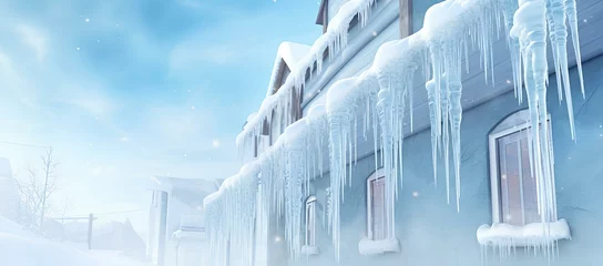 Poster Icicles hanging from the roof of the house, winter background with frozen icicles on the roof, melting ice, spring thaw. © Vadim