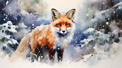 Fototapeta premium watercolor red fox in a snowy forest