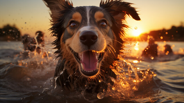  Australian Shepperd playing in the water at the beach during a breathtaking sunset, the dog joyfully splashing in the waves, wet fur glistening under the warm rays, capturing moment of pure happiness