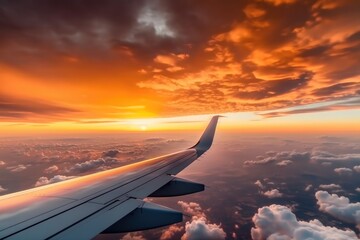 Fototapeta premium flying and traveling, view from airplane window on the wing on sunset time