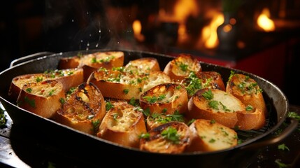 Toasting baguette slices in a pan to create