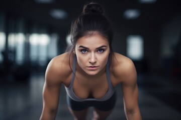Fototapeta na wymiar Determined Fitness: Close-Up of a Young Woman Pushing Through an Intense Set of Push-Ups