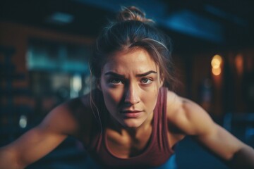 Exemplifying Perseverance: Young Woman's Face Reflects Determination and Vitality in Intense Gym Workout - obrazy, fototapety, plakaty
