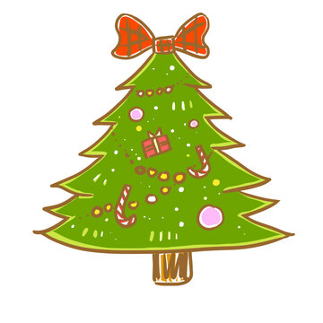 Fancy green christmas tree decorated with red ribbon on top illustration. 