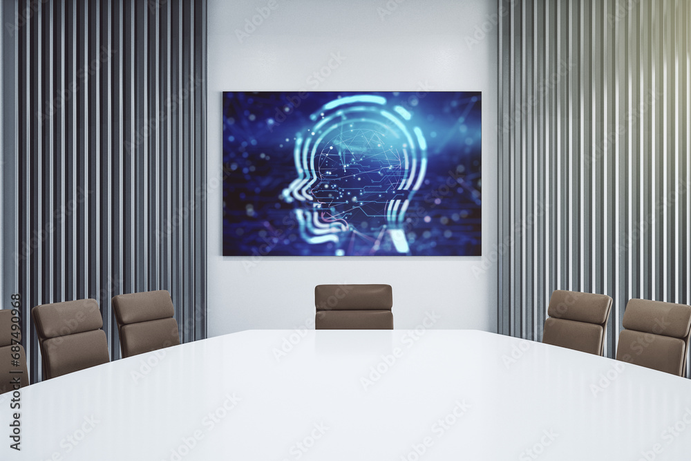 Aufkleber Creative artificial Intelligence concept with human head hologram on presentation screen in a modern conference room. 3D Rendering