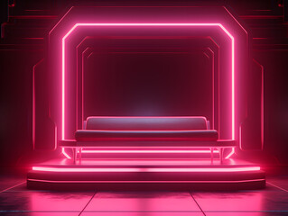 3d rendering of a glowing futuristic neon minimal pink cyberpunk podium on a dark background for gaming