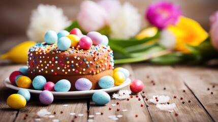 Easter cake along with multi-colored painted eggs. Traditional Easter spring food on wooden...
