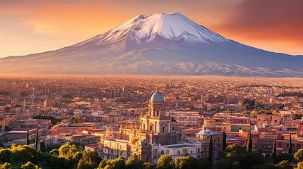 Fototapeten Aerial view of the Catania Saint Agatha's Cathedral by sunset with Mount Etna in the background - Sicily, Italy © Boraryn