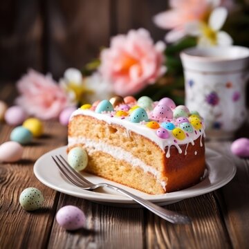 Easter cake along with multi-colored painted eggs. Traditional Easter spring food on wooden background