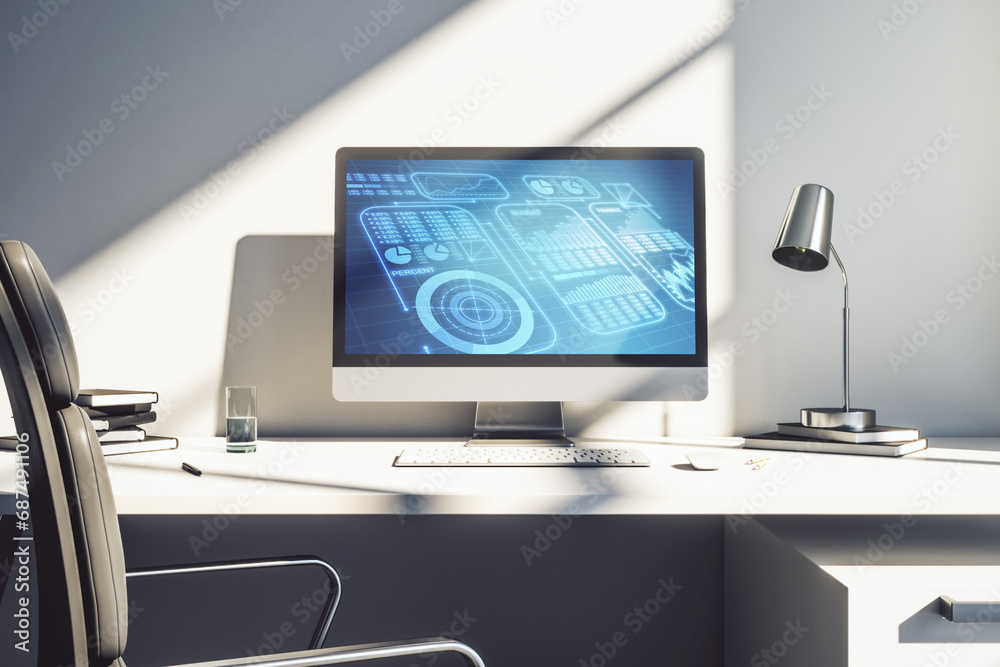 Poster modern computer monitor with abstract creative statistics data hologram, statistics and analytics co