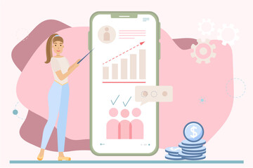 Target audience, digital targeting marketing, digital marketing campaign, Social network, media communication, flat illustration, finance education, scenes people making online promotions